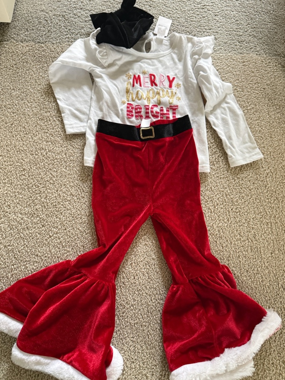 Carter's White Top with Gold & Pink Glitter Text and Red Velvet Bell-Bottoms